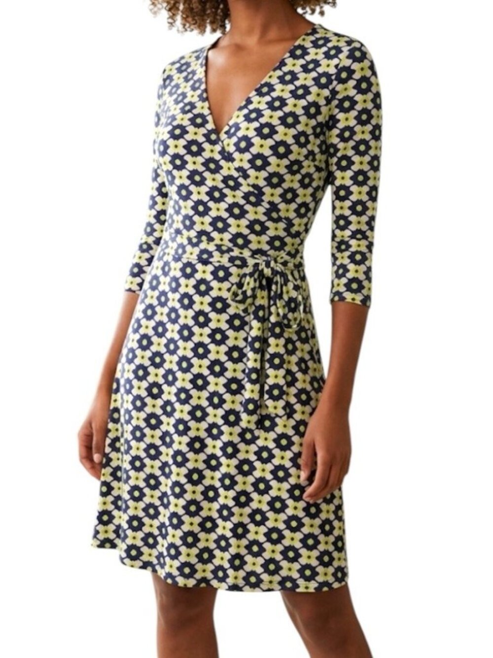 Leota Abstract Floral 3/4 Sleeve Faux Wrap Boho Festive Party Dress Size Small